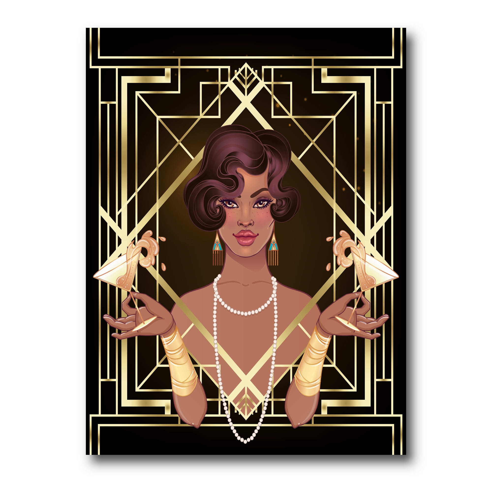 Retro Girl In Golden Art Deco Geometrics I 16 in x 32 in Painting Canvas Art Print, by Designart