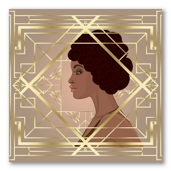 Retro Girl In Golden Art Deco Geometrics II 16 in x 16 in Painting Canvas Art Print, by Designart