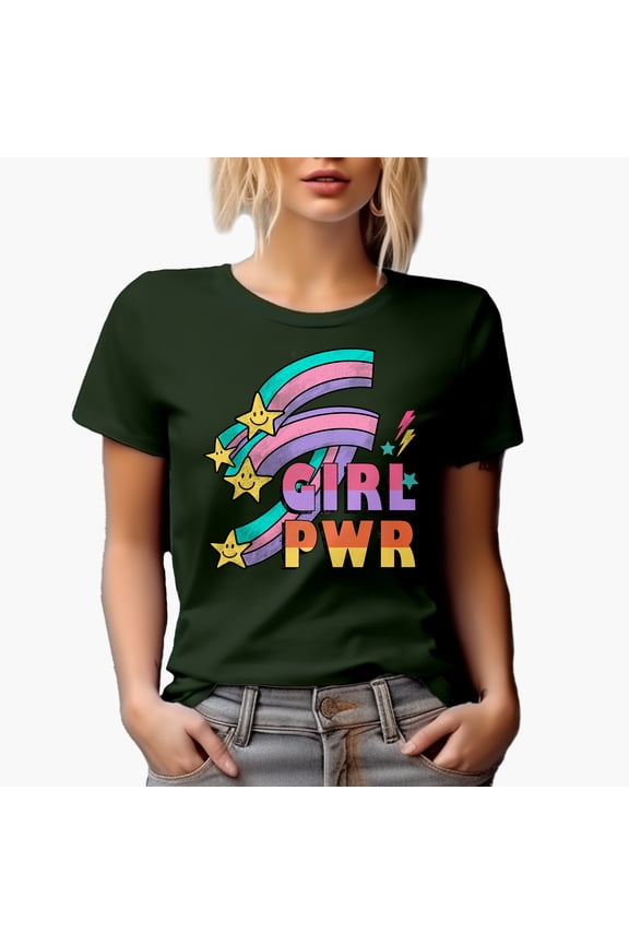 Retro Girl Pwr, Feminist Art Merch Gift, Military Green T-Shirt, Medium