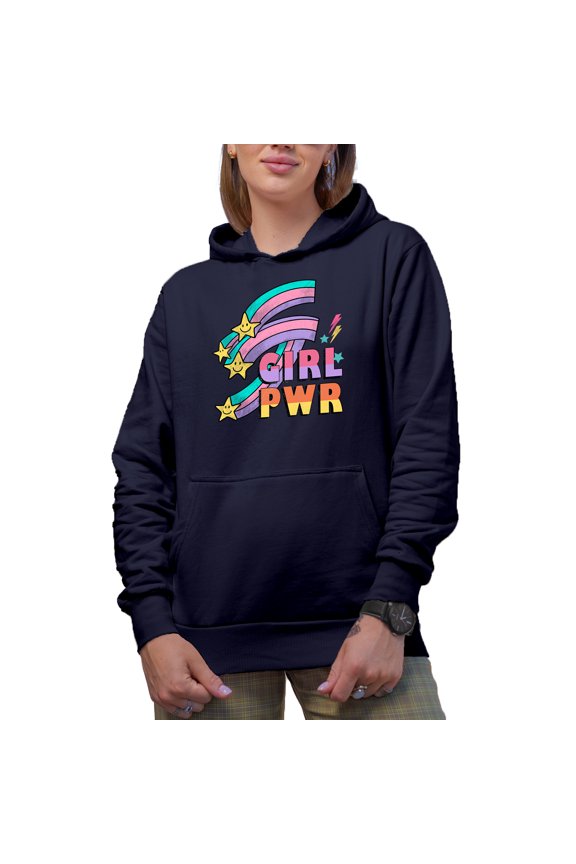 Retro Girl Pwr, Feminist Art Merch Gift, Navy Blue Hooded Sweatshirt or Hoodie, Medium