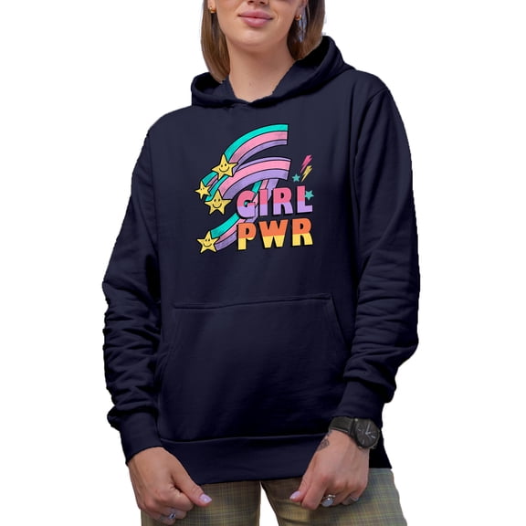 Retro Girl Pwr, Feminist Art Merch Gift, Navy Blue Hooded Sweatshirt or Hoodie, XL