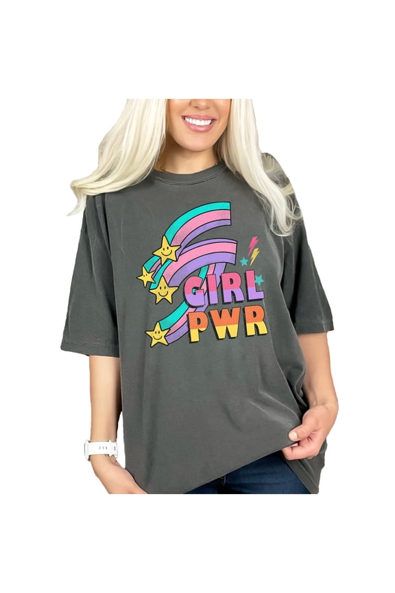 Retro Girl Pwr, Feminist Art Merch, Pepper Comfort Colors T-Shirt, Small