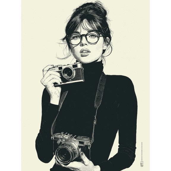 Retro Girl with Camera Canvas Print, Black White Mid Century Minimalist Wall Decor