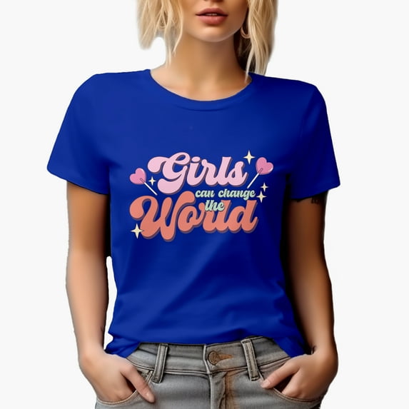 Retro Girls Can Change the World, Feminist Art Merch Gift, Royal Blue T-Shirt, Medium
