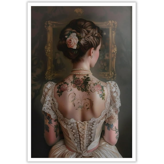 Retro Girly back canvas Print Painting Roses Antique Aesthetic Poster Moody Victorian Girl Wall Art Dark Academia Prints Gothic woman Wall Decor Picture for Bedroom 16x24in Unframed
