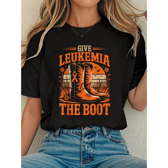Retro Give Leukemia Cancer The Boot Cowgirl Cancer Awareness T-Shirt Tee Shirts Women
