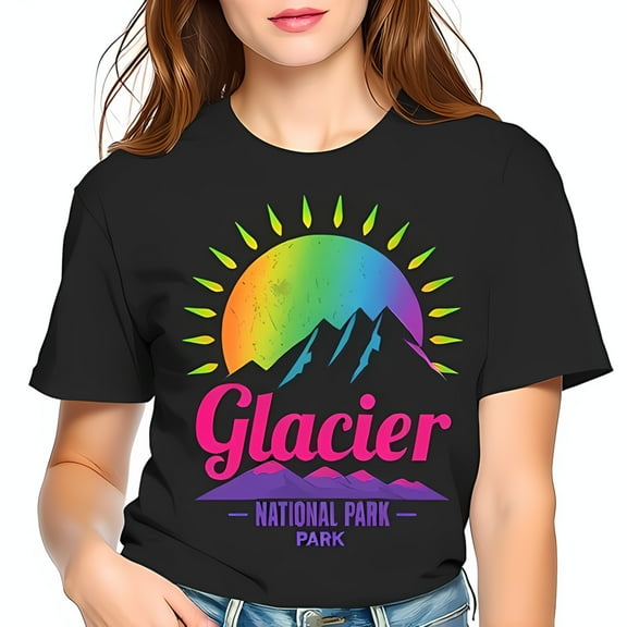 Retro Glacier National Park Cotton Short Sleeve T-Shirt with Vibrant & Mountain Design