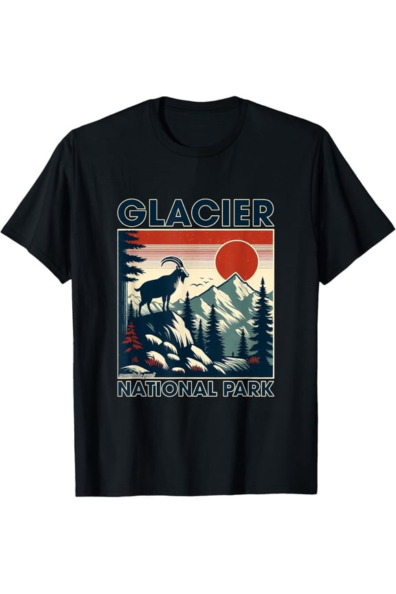 Retro Glacier National Park Mountain Goat Hiking Camping T-Shirt