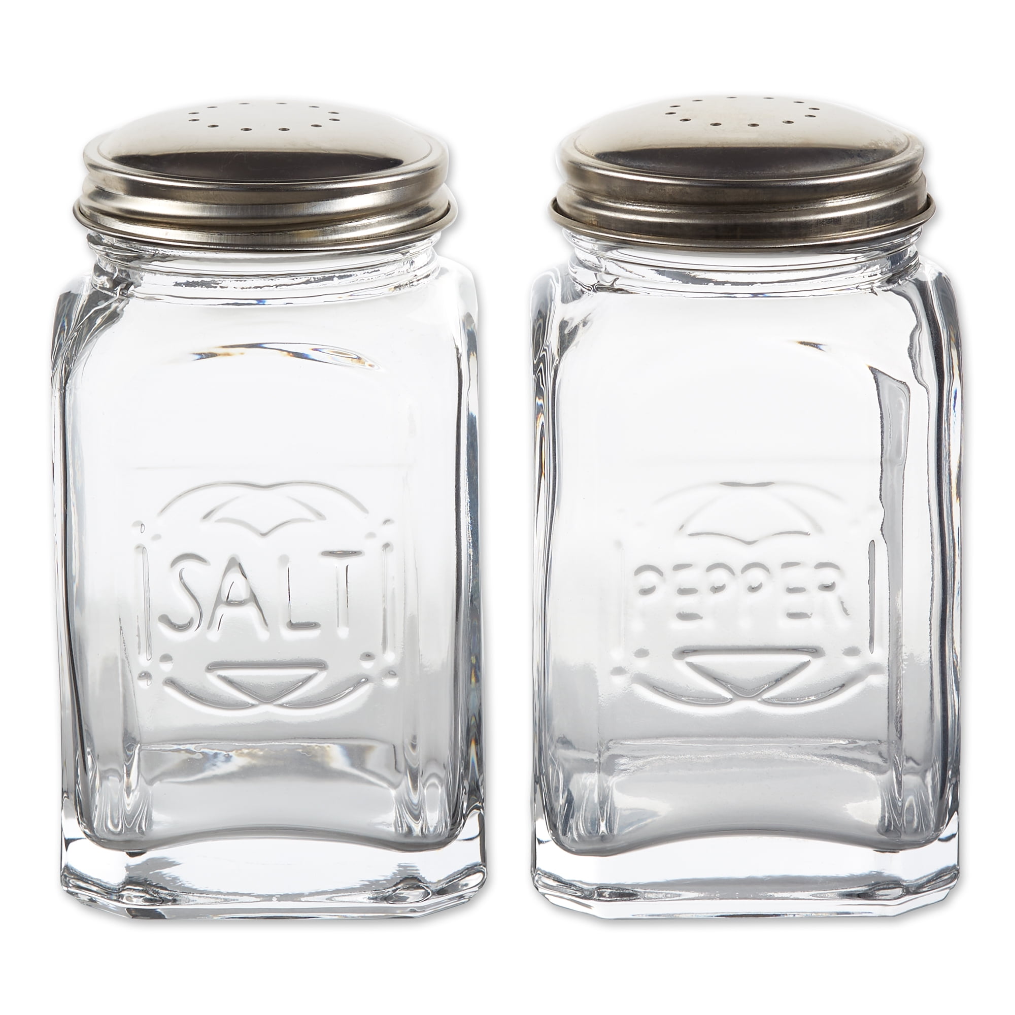 Clear Glass Retro Salt and Pepper Shaker Set with Stainless Steel Lids