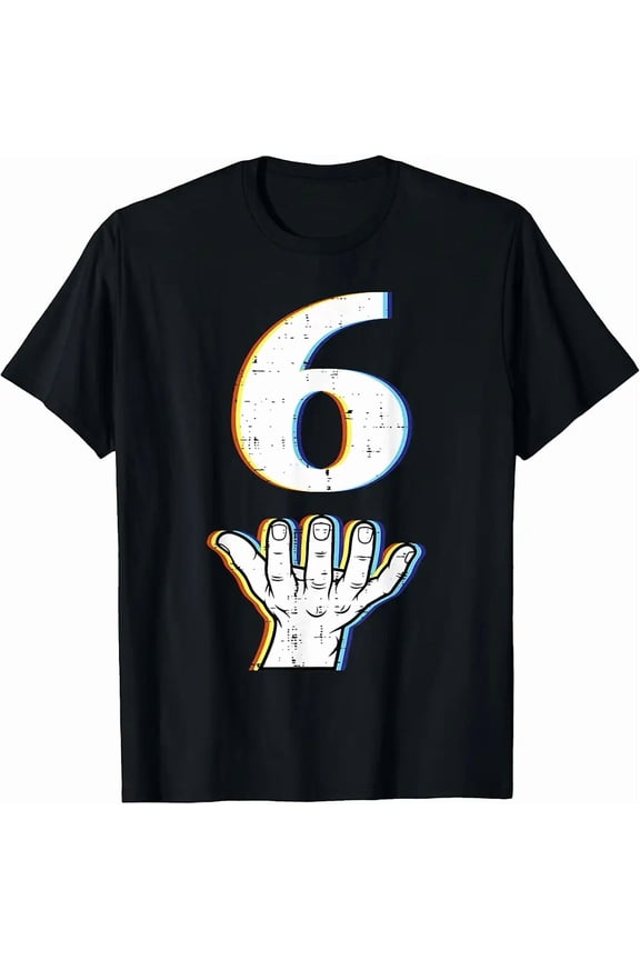 Retro Glitch Number 6 Hand Sign for Unisex Short Sleeve Graphic Tee