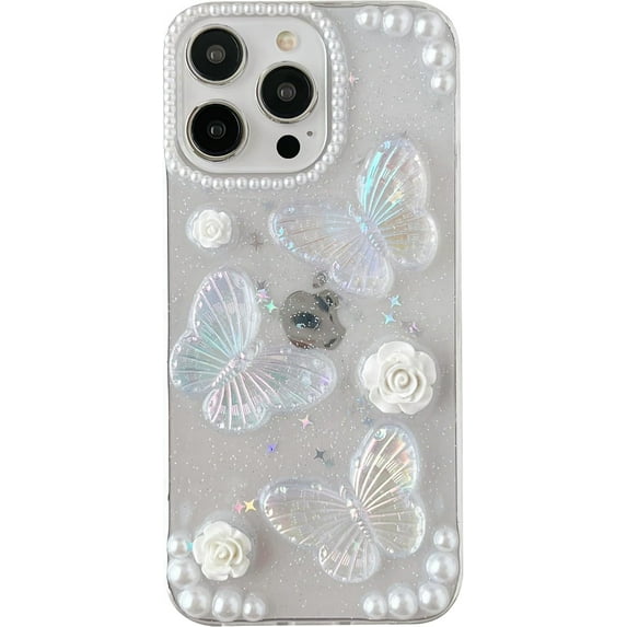 Retro Glitter 3D Butterfly Flower Pearl Clear Soft Phone Case Compatible with iPhone Case (Clear,iPhone 14 Pro Max)