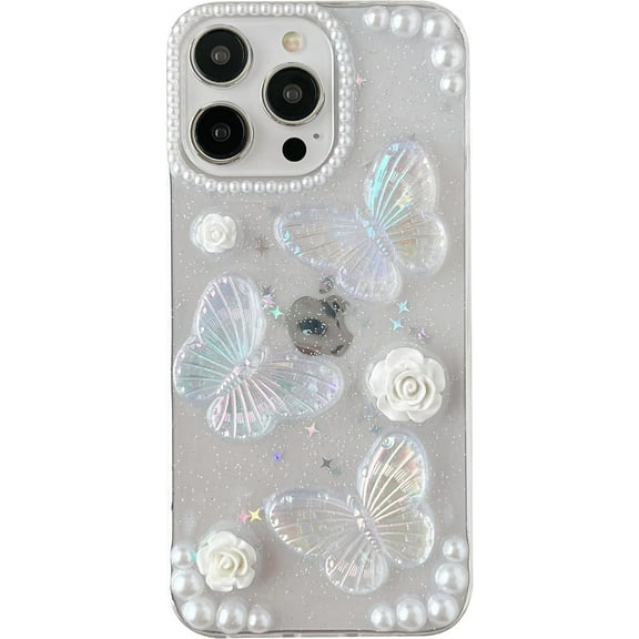 Retro Glitter 3D Butterfly Flower Pearl Clear Soft Phone Case Compatible with iPhone Case (Clear,iPhone 15 Pro Max)
