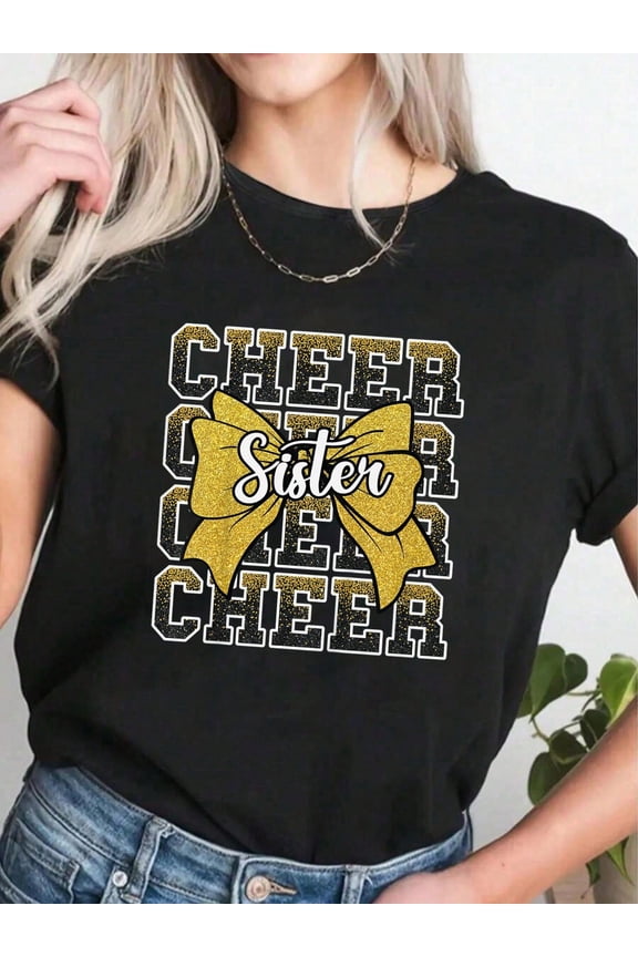 Retro Glitter Cheer Sister T-Shirt Cute Sporty Bow Graphic Tee for Women Support Squad Apparel