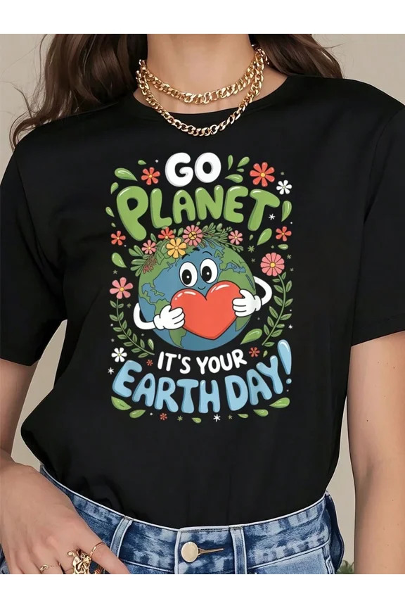 Retro Go Planet It's Your Earth Day Graphic Tee Cute Eco-Friendly Environmental Heart Nature Lover Women's Short Sleeve Black T-Shirt