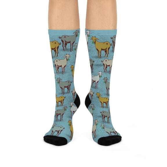 Retro Goat Socks Unisex Stretchy Crew | Fun Blue Gold Grey | 1 Pair, 1 Size
