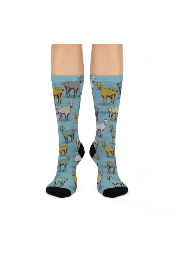 Retro Goat Socks Unisex Stretchy Crew | Fun Blue Gold Grey | 1 Pair, 1 Size