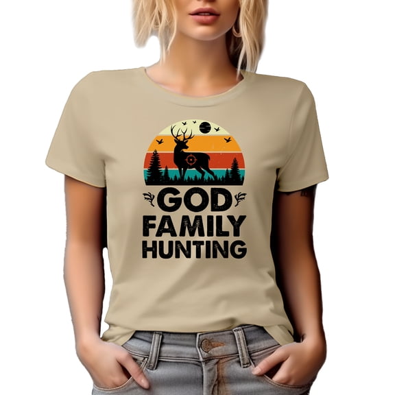 Retro God Family Hunting feat. a Buck or Deer, Hunter, Tan T-Shirt, Medium