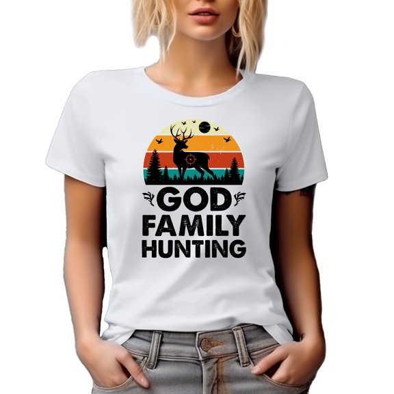 Retro God Family Hunting feat. a Buck or Deer, Hunter, White T-Shirt, 3XL