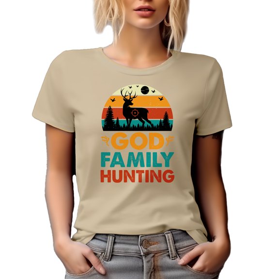 Retro God Family Hunting feat. a Deer or Buck, Hunter, Tan T-Shirt, 2XL