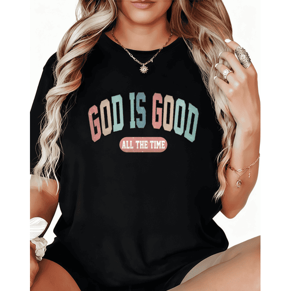 Retro God Is Good Print Graphic Casual Tee T-Shirt Print Top Short Sleeve Round Neck Black S-5XL