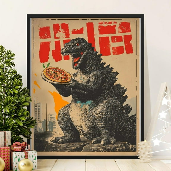 Retro Godzilla Pizza Poster, Vintage Style Monster Art Print, Unique Wall Decor, Pop Culture Geek Gift, Comic-Inspired Poster, 8x12
