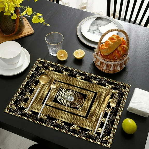Retro Gold Geometric Greek Key Canvas Placemats Non-Slip Placemat Washable Table Mats for Dining Table Coffee Mats Kitchen Set of 4.