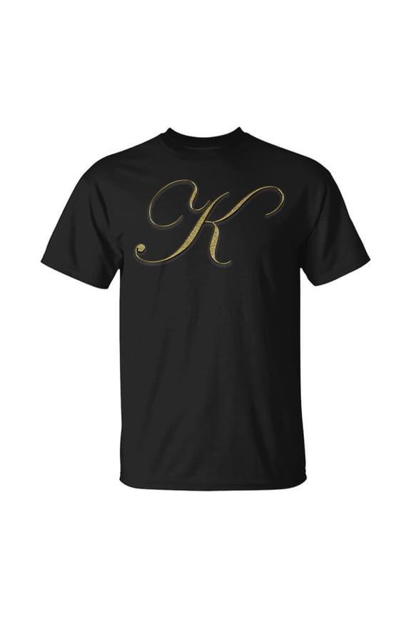 Retro Gold Glitter Initial Letter K Monogram Personalized Men Women Unisex Black Graphic T-Shirt Fashion Apparel