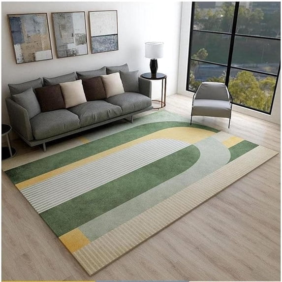 Retro Gold Green Mid Century Area Rug, Abstract Geometric Irregular Stripes Large Rugs, Indoor Non-Slip Kids Rugs, Washable Breathable Durable Carpet For Bedroom Living Room 4x6ft