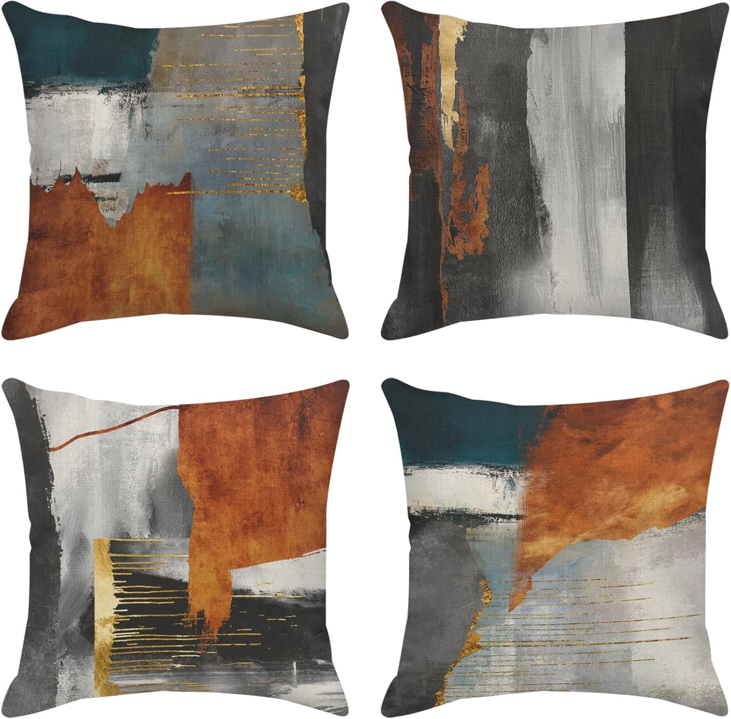 Retro Gold Painting Throw Pillow Covers Set of 4 18x18 Inch Orange Space Decorative Outdoor Cushion Cases for Couch Sofa Capture a Vintage Aesthetic