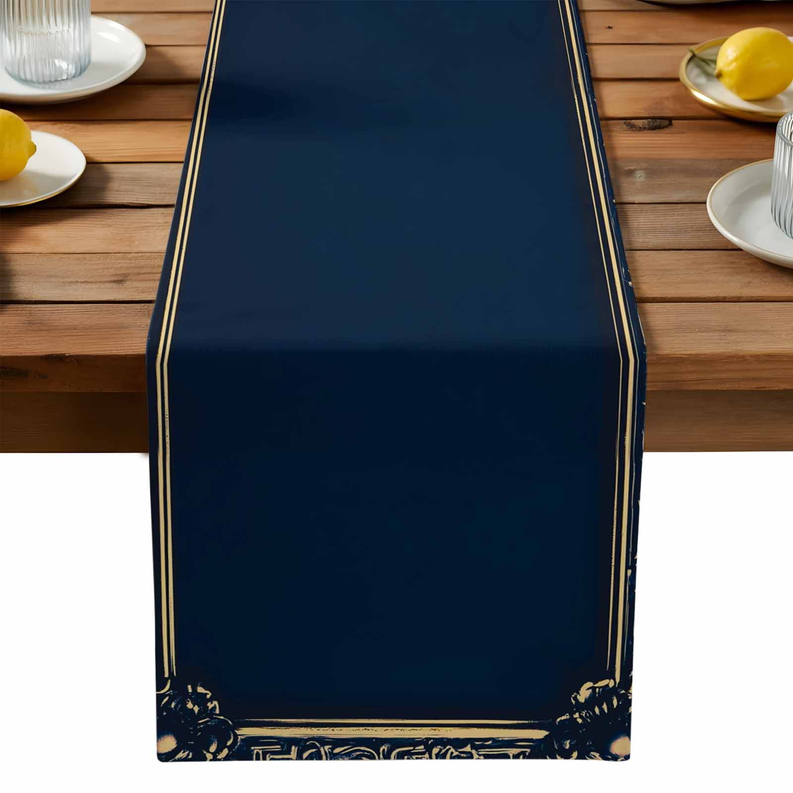 Retro Golden Flower Border Table Runner, Navy Blue Vintage Kitchen Table Runners Dress Scarves for Table Decorations Party/Restaurant/Indoor Outdoor Use, 13x120in