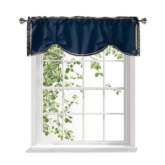 Retro Golden Flower Border Tie Up Valances Curtain, Navy Blue Vintage Kitchen Valances for Windows Decor, Rod Pocket Short Curtains Set for Bedroom/Bathroom, 60"x18"