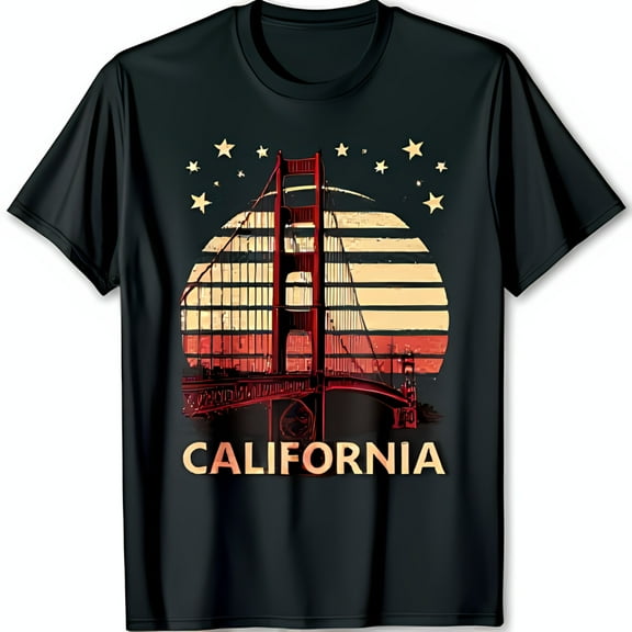 Retro Golden Gate Bridge Graphic T-Shirt with Sunset & Stars California