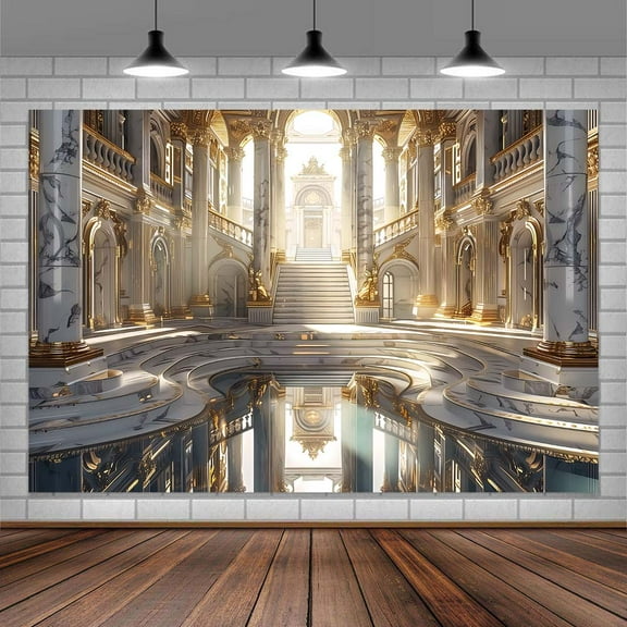Retro Golden Luxury Palace Hall Backdrop Grand Opera Castle Luxurious Chandelier Staircase European Paris Interior Background for Wedding Birthday Party Ceremony Photo Booth Props 10X8FT