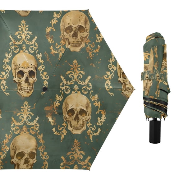 Retro Golden Skull Compact Sun Umbrella Windproof Travel Umbrellas for Rain Strong Portable UV Protection