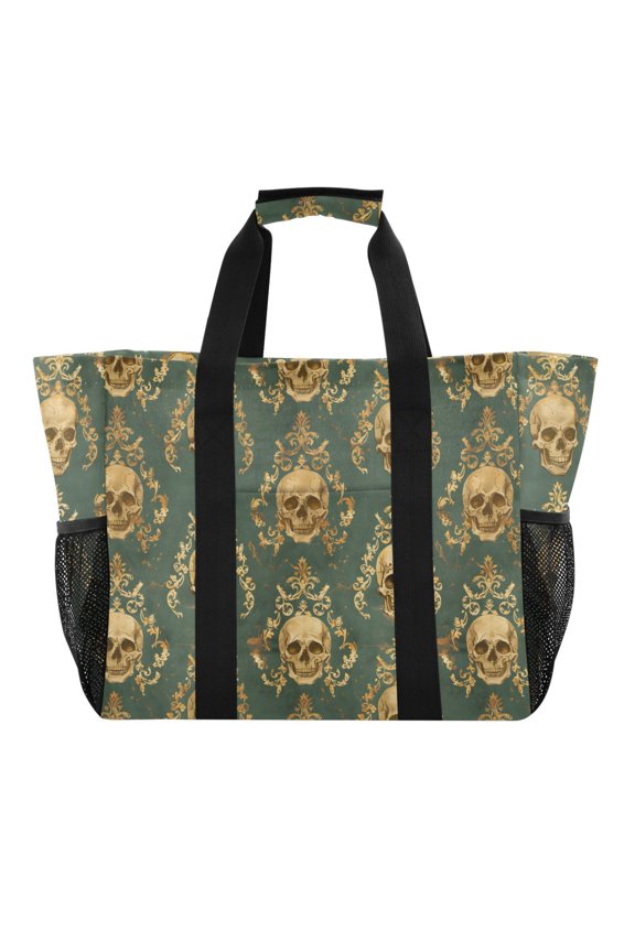 Retro Golden Skull Reusable Grocery Bags with Handle Side Pocket Waterproof Shopping Portable Tote