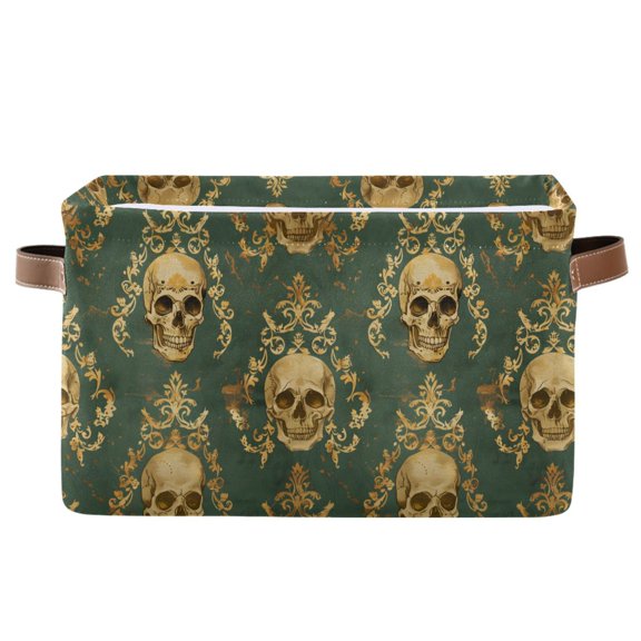Retro Golden Skull Storage Bins with Handle Fabric Organizer Basket Foldable Box 1 Pack 14.2x10.2x8.3