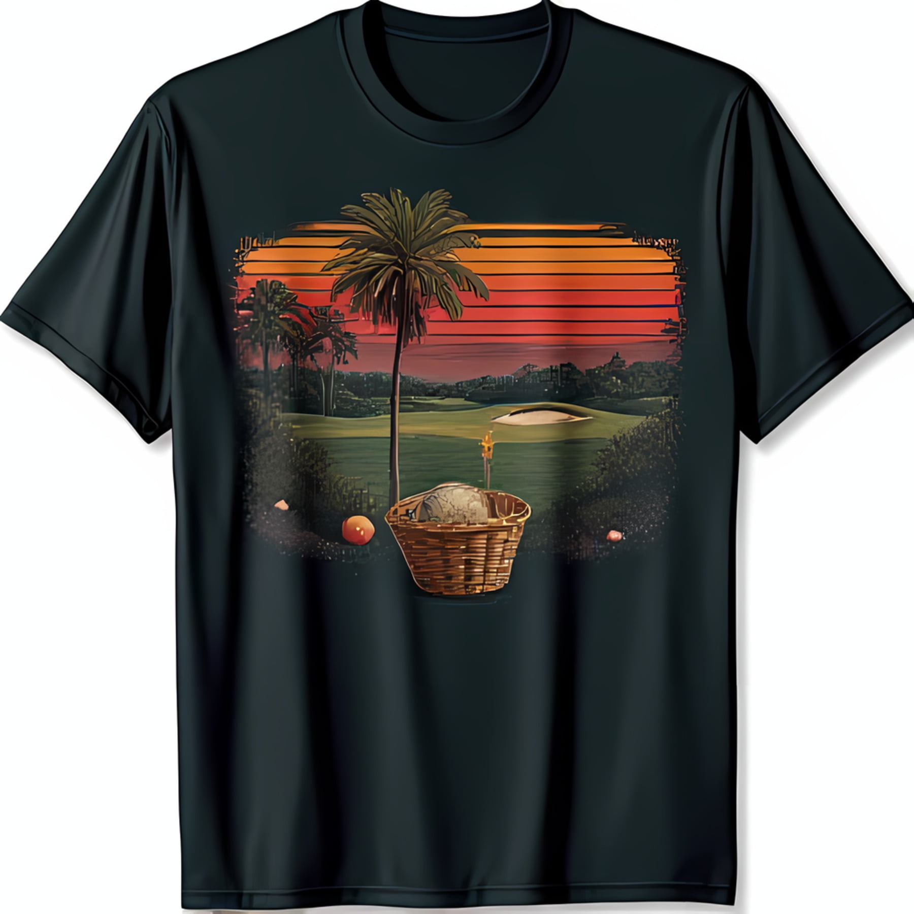 Retro Golf Course Sunset Black TShirt with Tree & Golf Ball Design