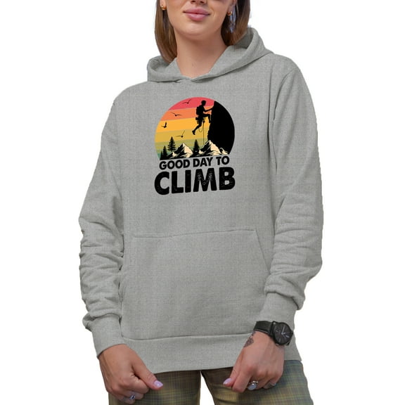Retro Good Day to Climb, Mountain Climber or Rock Climbing Enthusiast, Heather Grey Hooded Sweatshirt or Hoodie, Medium
