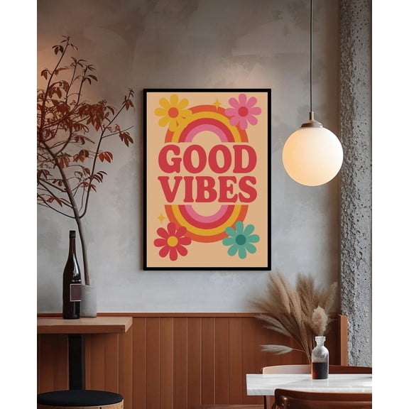 Retro Good Vibes Poster: 70S Rainbow Floral Poster, Unframed Poster Size 12x18