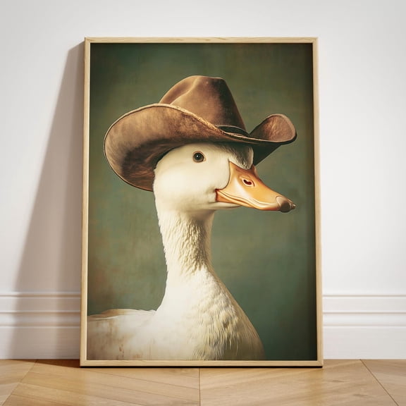 Retro Goose Cowboy , Duck Wall Art, Green Western Maximalist Decor Unframed Paper Print