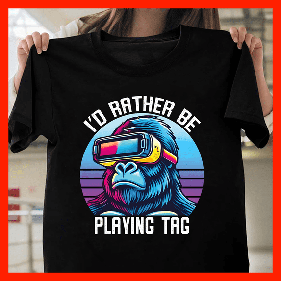 Retro Gorilla VR Headset I'd Rather Be Playing Tag Vaporwave T-Shirt G230, Premium Unisex Tee – Extended Sizes Up to 5XL