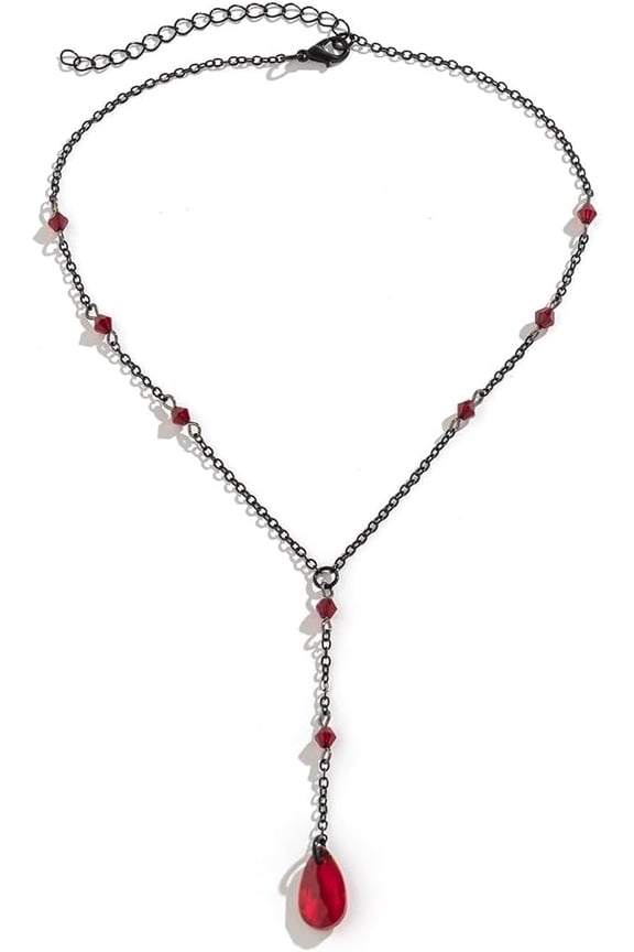 Retro Goth Red Teardrop Pendant Necklace,Black Rhinestone Chain Tassel Y Necklace,Y2k Punk Blood Water Drop Choker Necklace Vampire Halloween Jewelry