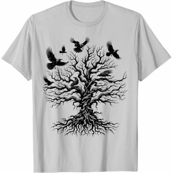 Retro Gothic Raven Tree T-Shirt,Ice Grey Color,Size M