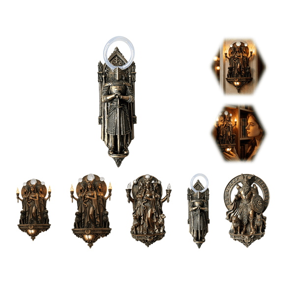Retro Gothic Sculpture Wall Lamp,Knight Wall Sconce, 7.87x5.12 Inch Resin Gothic LED Lamp, Vintage Bronze Warm Altar Decor for Wiccan Pagan Lovers