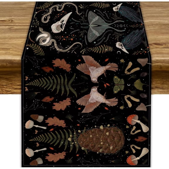 Retro Gothic Table Runner Halloween Crow Moth Fantasy Bird Snake Floral Mushroom Country Abstract Kitchen Dining Table Decoration for Living Room Holiday Outdoor Home Party 13x90in