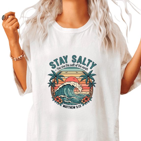 Retro Gradient Beach Stay Salty Print Tshirt White S-5XL Minimalist Coastal Faith Graphic Tees Shirts Tops