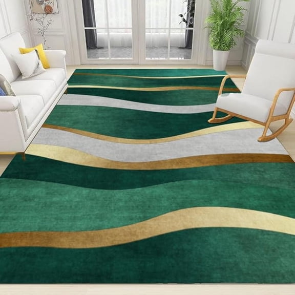 Retro Gradient Emerald Green Lines Area Rug, Luxury Gold Gray Stripes Low Pile Carpet For Bedroom, Non-Slip Washable Rugs For Entry Office Dining Room Farmhouse 1x2ft