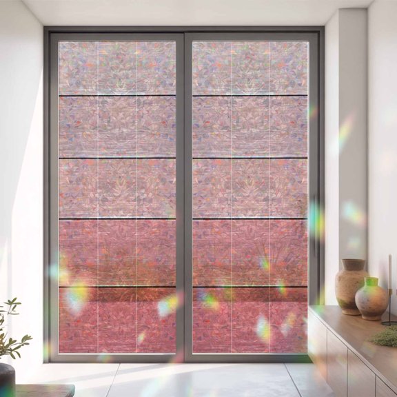 Retro Gradient Pink Wood Board Window Privacy Film,Decorative Windows Static Cling Vintage Wood Texture Heat Control Removable Glass Sticker for Home Bathroom Bedroom Window Door,35x79in