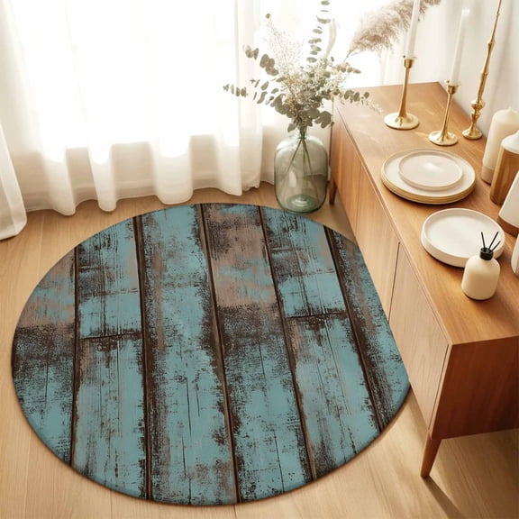 Retro Gradient Teal Wood Grain Round Area Rug 3ft,Living Room Rug Non-Slip Washable Circle Rugs Pad,Country Old Board Soft Floor Carpet for Bedroom Dining Room