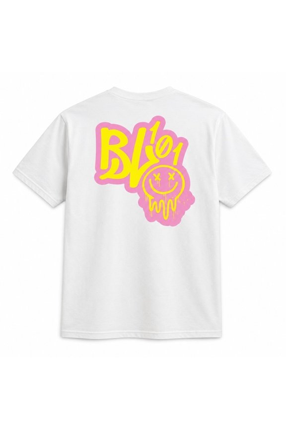 Retro Graffiti Drip Smiley Tee - Unisex Classic Fit Cotton T-Shirt, Pink & Yellow Print